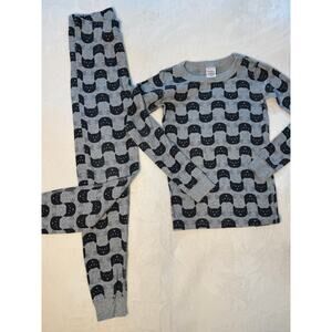 Hanna Andersson 2 Piece PJ Gray Black Cat Long John Pajamas 10 Halloween - flaw